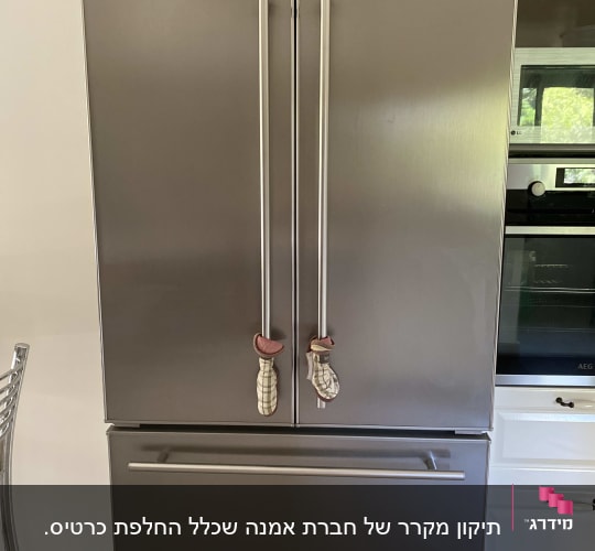 מקרר נירוסטה עם ידיות ארוכות ותנור ברקע